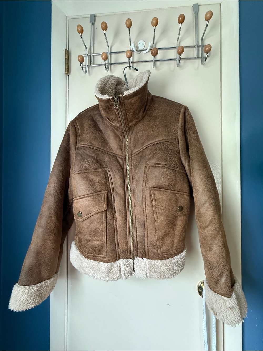 Lucky Brand Brown Shearling-Trim Bomber Jacket Sz M